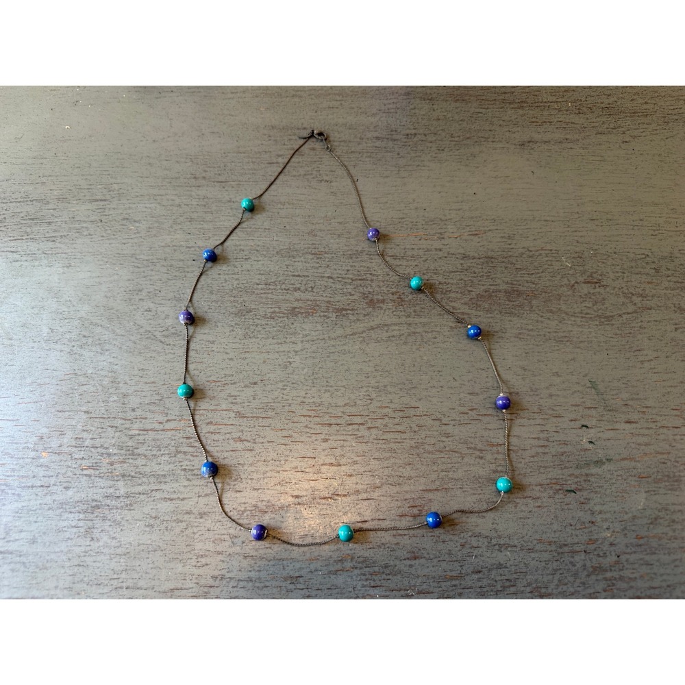 Vintage Multi Color Blue Purple Beaded Station Necklace 30 Inch Long Chain